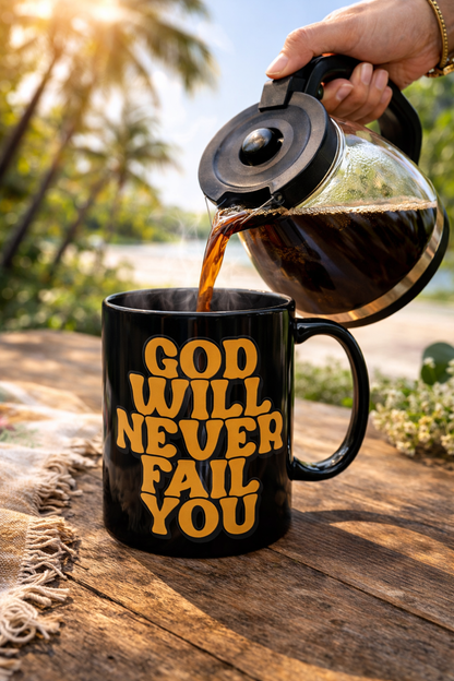Christian Coffee Mug | God Will Never Fail You Black Ceramic Mug | Inspirational Christian Coffee Cup | Faith Inspirational Gift | Religious Scripture Style Ceramic Cup