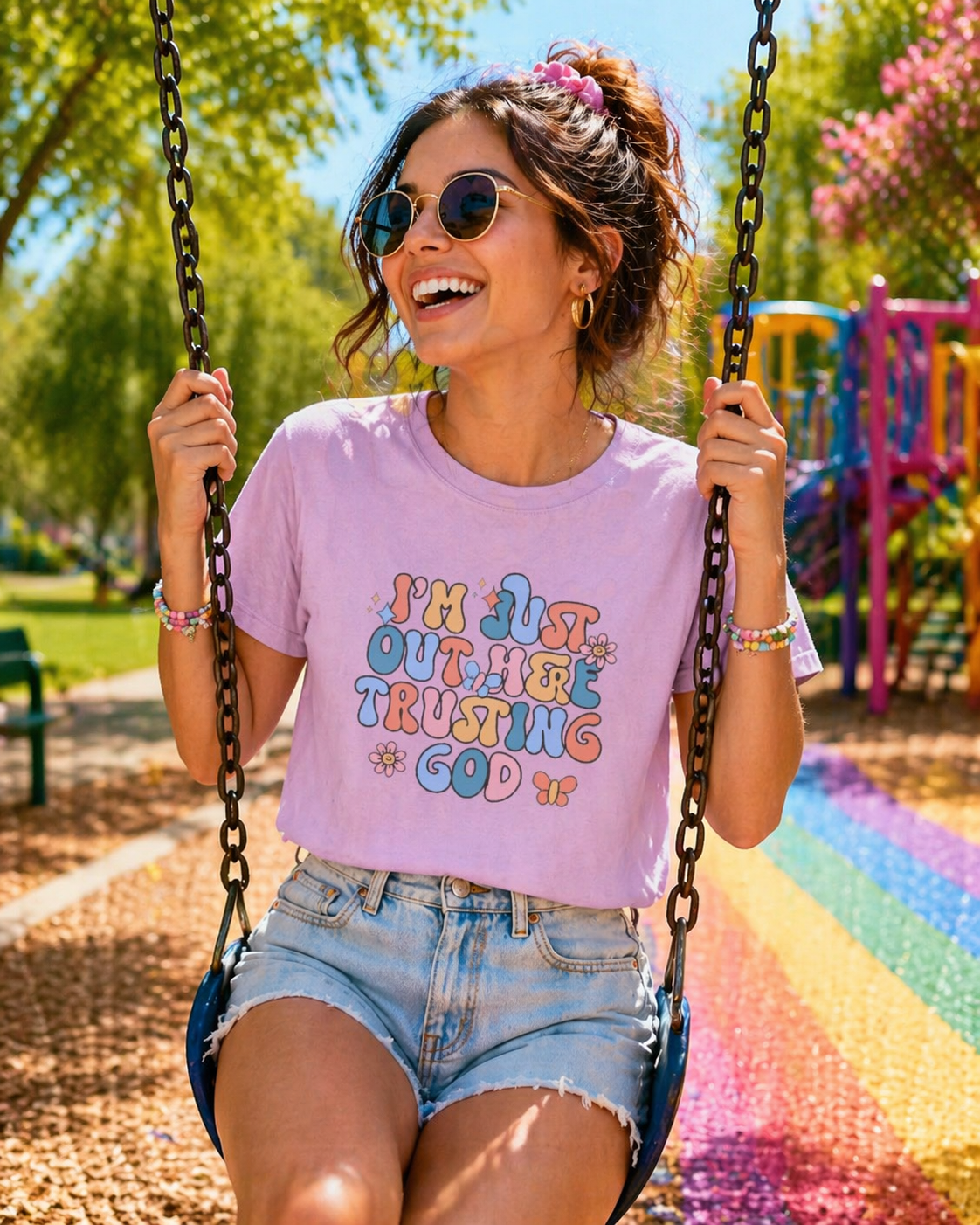 Trusting God Graphic T-Shirt | Retro Floral | I'm Just Out Here Trusting God | Christian Tee | Trusting God T-Shirt | Retro Christian Faith Graphic Tee