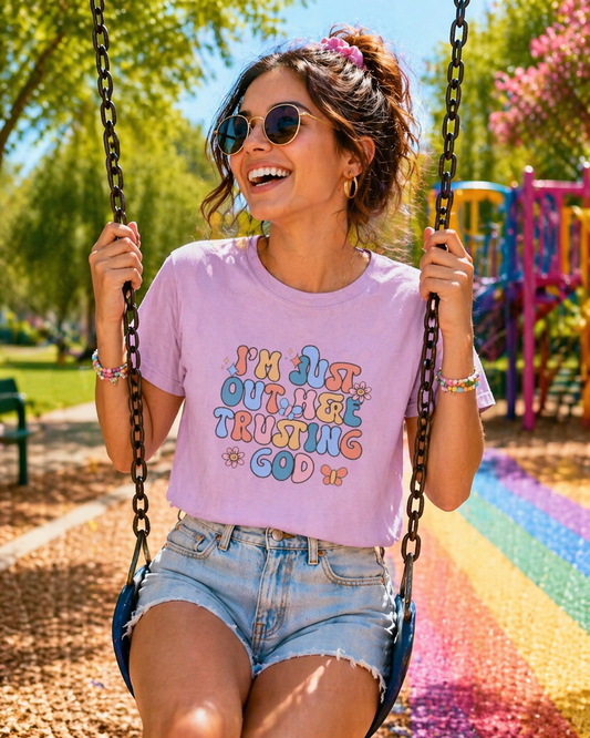 Trusting God Graphic T-Shirt | Retro Floral | I'm Just Out Here Trusting God | Christian Tee | Trusting God T-Shirt | Retro Christian Faith Graphic Tee