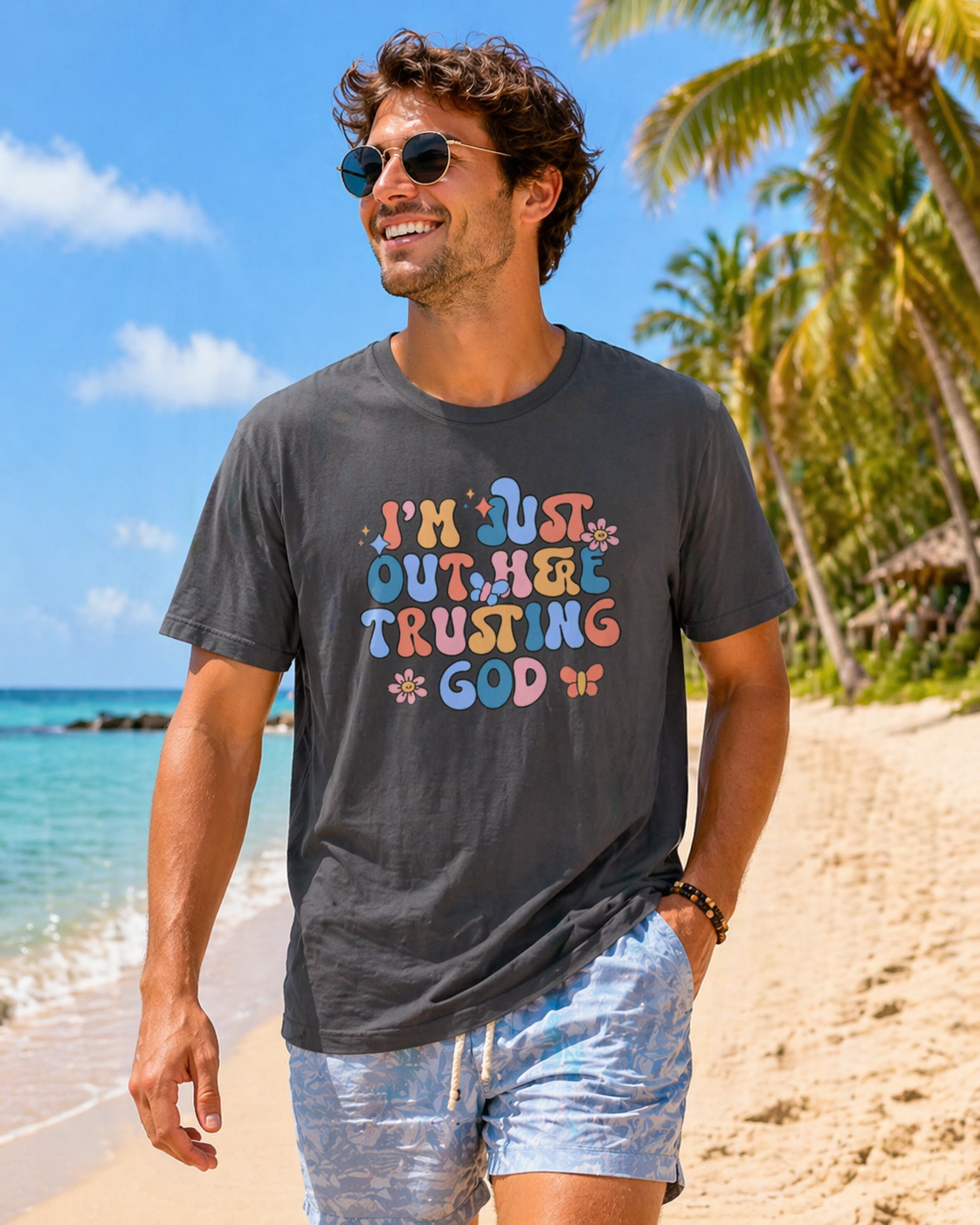 Trusting God Graphic T-Shirt | Retro Floral | I'm Just Out Here Trusting God | Christian Tee | Trusting God T-Shirt | Retro Christian Faith Graphic Tee