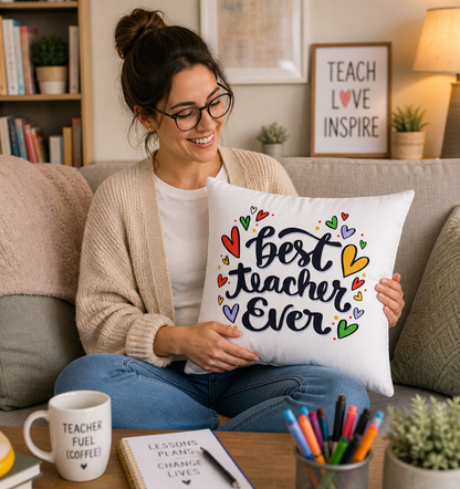 Best Teacher Ever Cushion Cover | Teacher Appreciation Gift Pillow | Cute Classroom Decor | Gift for Teachers | Canvas Pillow