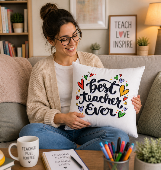 Best Teacher Ever Cushion Cover | Teacher Appreciation Gift Pillow | Cute Classroom Decor | Gift for Teachers | Canvas Pillow