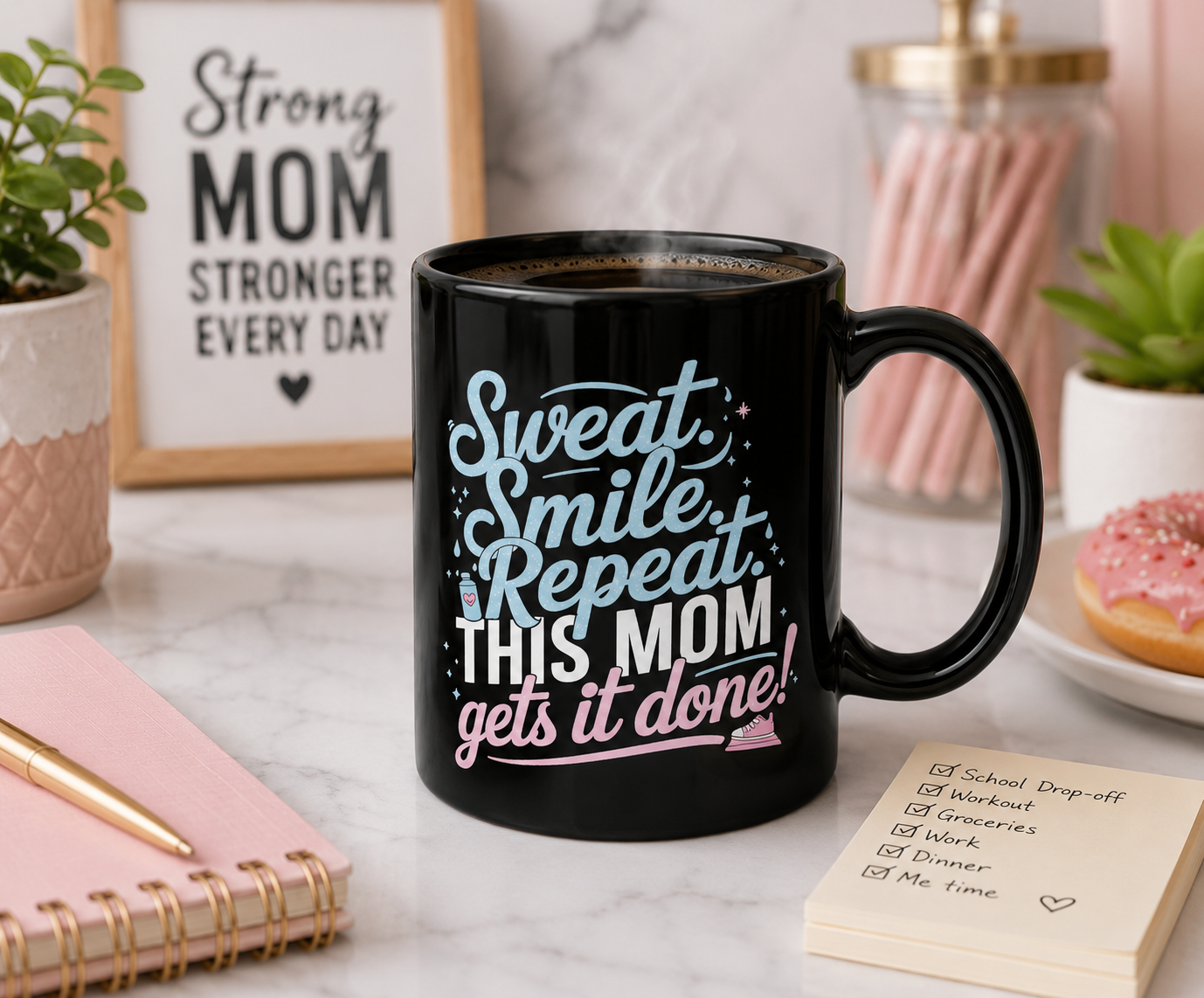 Funny Mom Coffee Mug | Busy Mom Gift | Motivational Fitness Mom Ceramic Cup | Black Mug | 11oz | 15oz