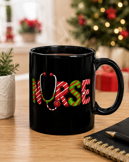 Christmas Nurse Mug | Festive Nurse Coffee Mug | Holiday RN Gift | Cute Healthcare Worker Ceramic Cup | Black Mug