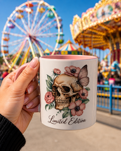 Skull Mug | Gothic Floral Coffee Mug | Aesthetic Skull Ceramic Cup, | Spooky Pink Goth Gift | Accent Coffee Mug 11oz