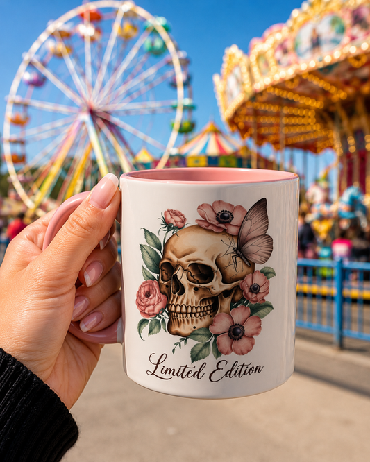 Skull Mug | Gothic Floral Coffee Mug | Aesthetic Skull Ceramic Cup, | Spooky Pink Goth Gift | Accent Coffee Mug 11oz