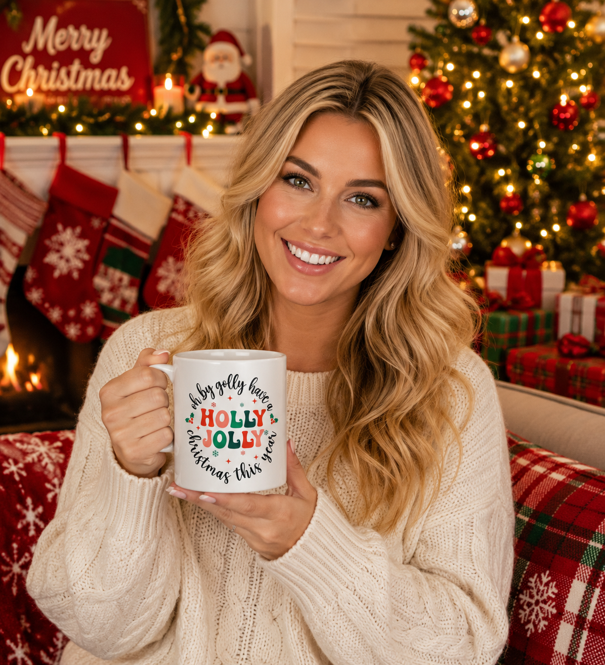 Oh By Golly Have a Holly Jolly Christmas Mug | Festive Holiday Coffee Cup | Christmas Cheer Mug | Winter Tea Cup | Funny Christmas Gift 11oz | 15oz