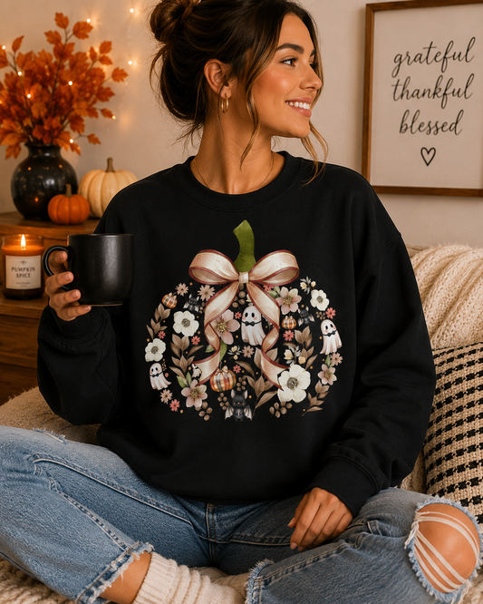 Cute Ghost Pumpkin Sweatshirt | Floral Halloween Crewneck | Spooky Pumpkin Bow Sweater | Fall Ghost Sweatshirt | Cozy Halloween Gift for Women | Crewneck Sweatshirt | Floral Pumpkin Wreath with Ribbon...