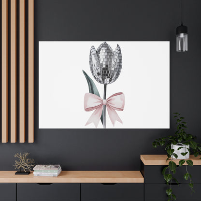 Silver Disco Tulip Wall Art Print with Pink Bow | Glam Floral Decor | Matte Canvas | Stretched |