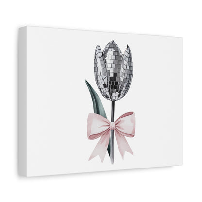 Silver Disco Tulip Wall Art Print with Pink Bow | Glam Floral Decor | Matte Canvas | Stretched |