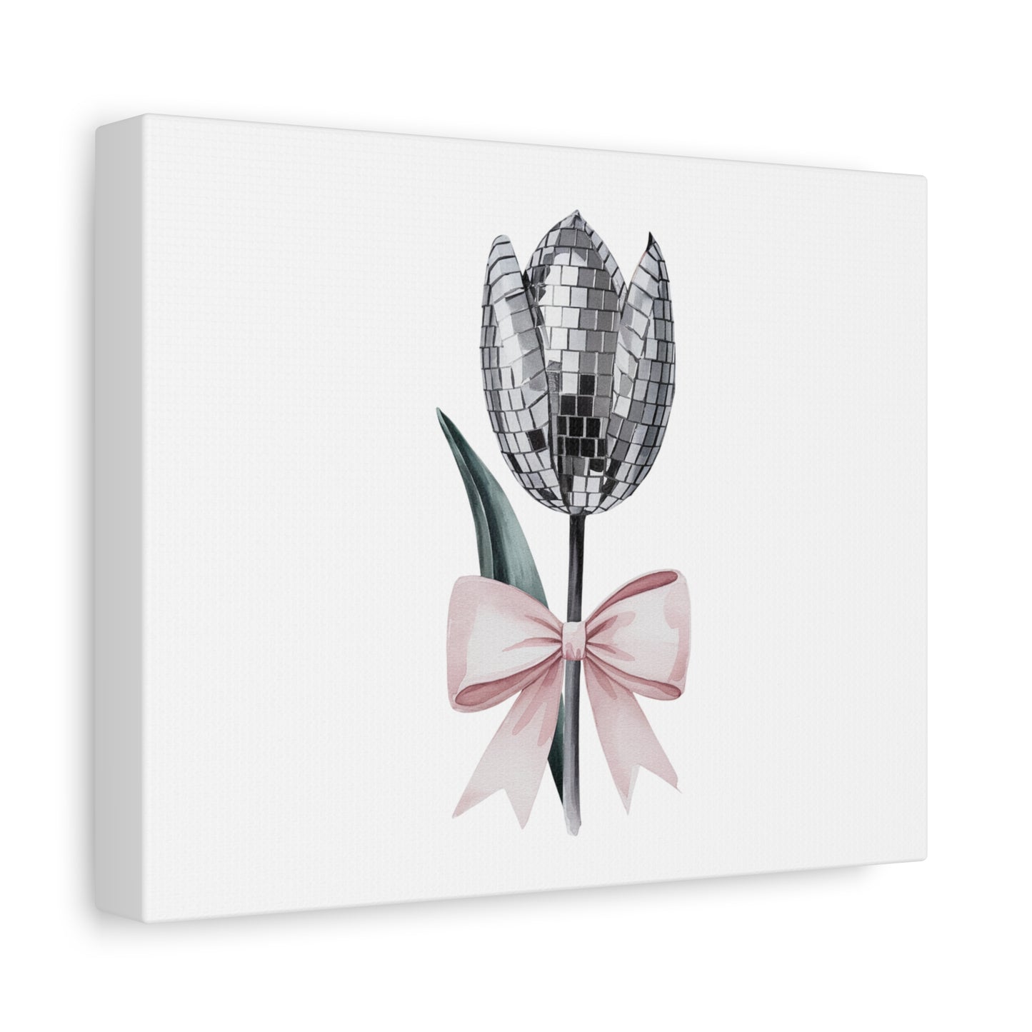 Silver Disco Tulip Wall Art Print with Pink Bow | Glam Floral Decor | Matte Canvas | Stretched |