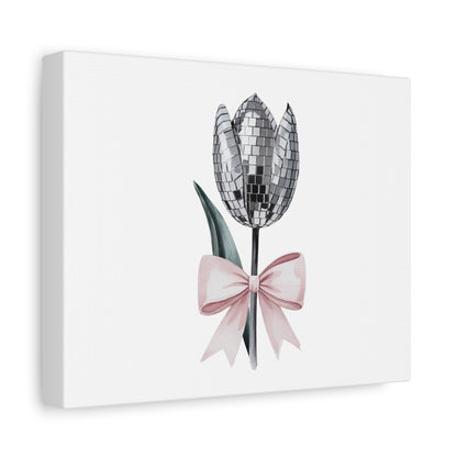 Silver Disco Tulip Wall Art Print with Pink Bow | Glam Floral Decor | Matte Canvas | Stretched |