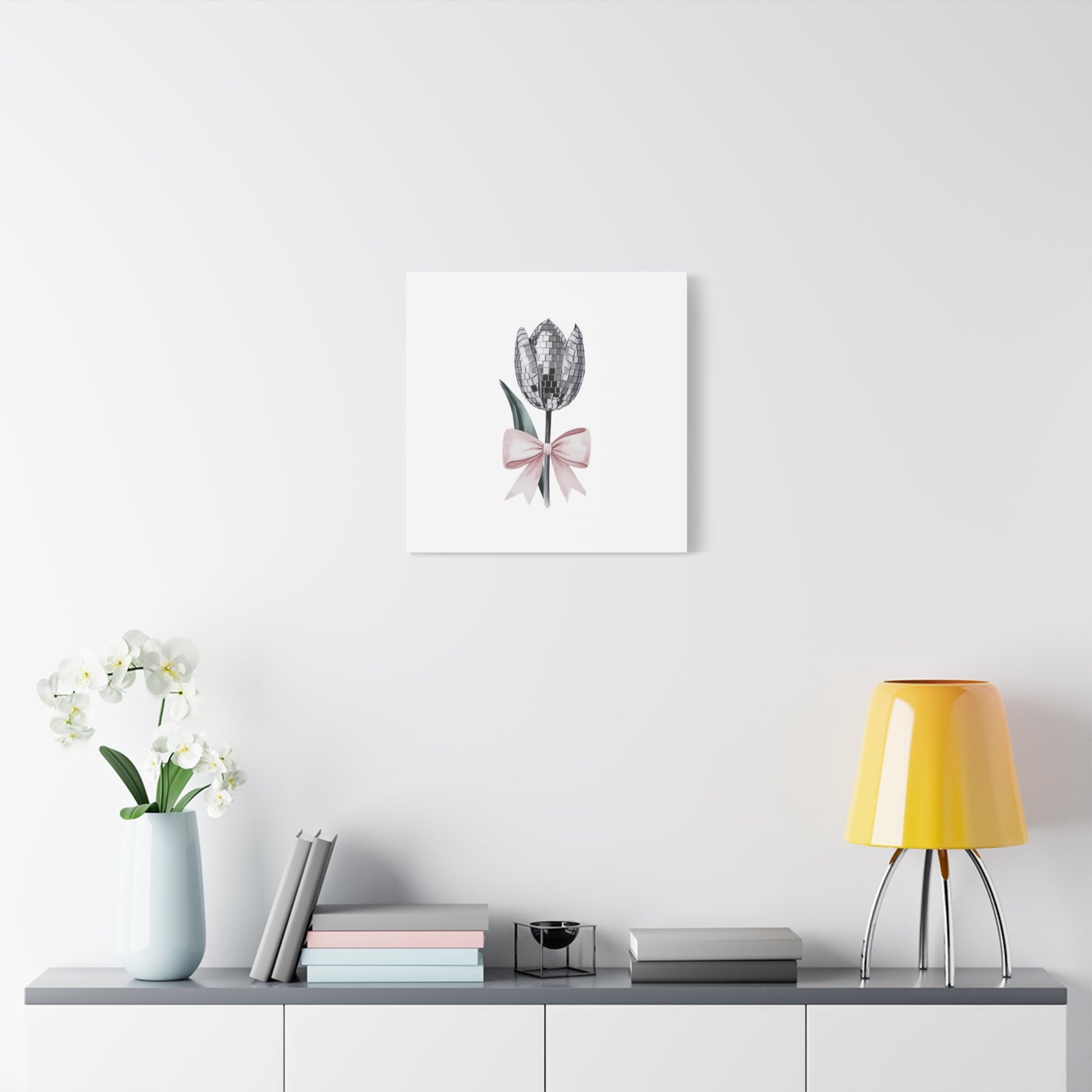 Silver Disco Tulip Wall Art Print with Pink Bow | Glam Floral Decor | Matte Canvas | Stretched |