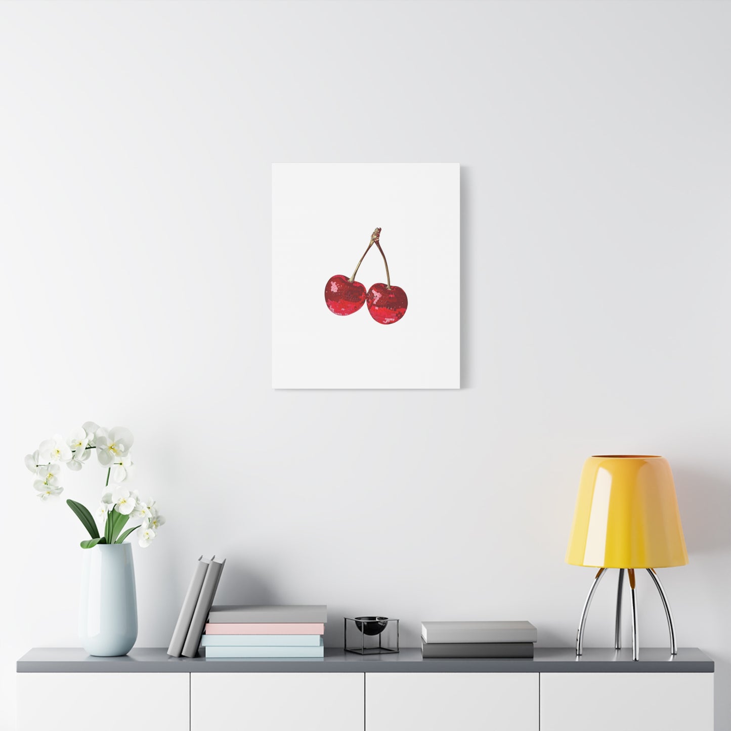 Red Glitter Disco Cherry Wall Art Print | Sparkly Pop Art Fruit Decor | Cherry Duo Matte Canvas Print | Minimal Fruit Wall Art