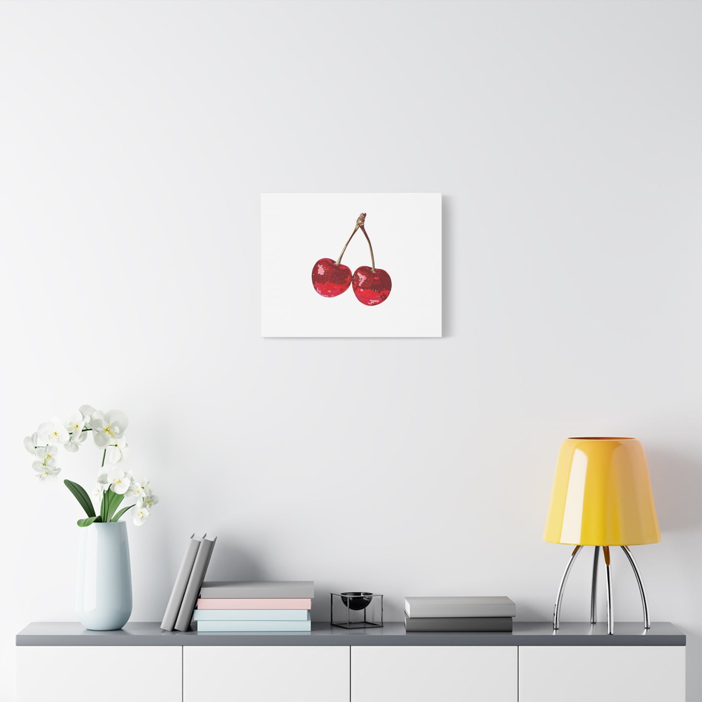 Red Glitter Disco Cherry Wall Art Print | Sparkly Pop Art Fruit Decor | Cherry Duo Matte Canvas Print | Minimal Fruit Wall Art