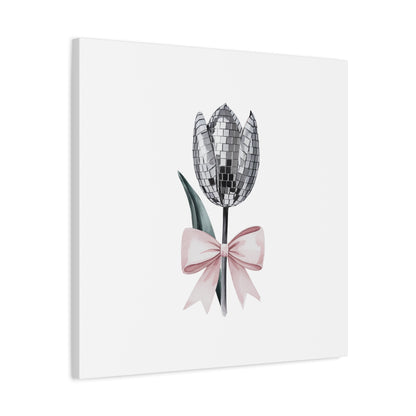 Silver Disco Tulip Wall Art Print with Pink Bow | Glam Floral Decor | Matte Canvas | Stretched |