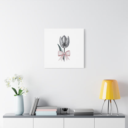 Silver Disco Tulip Wall Art Print with Pink Bow | Glam Floral Decor | Matte Canvas | Stretched |