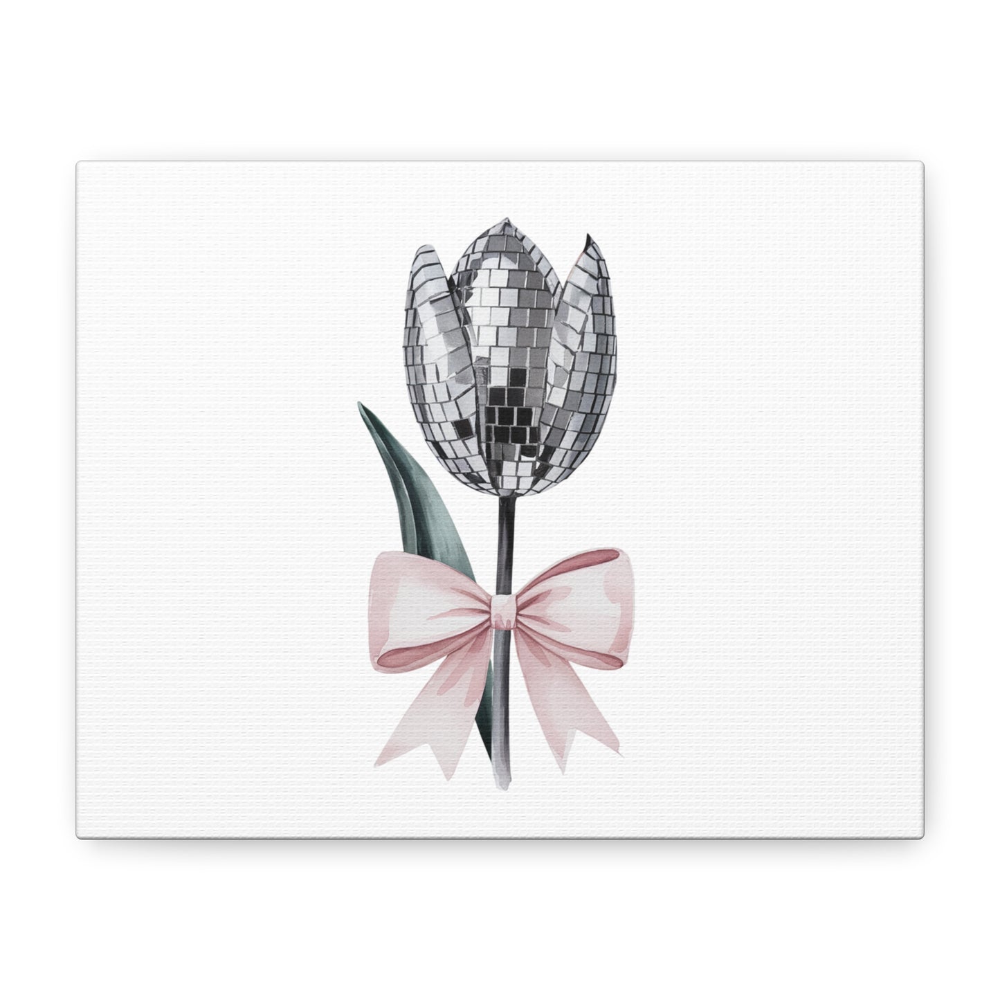 Silver Disco Tulip Wall Art Print with Pink Bow | Glam Floral Decor | Matte Canvas | Stretched |