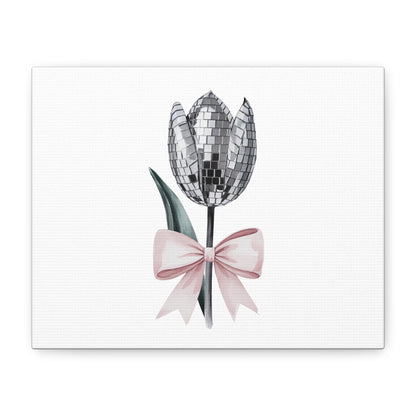 Silver Disco Tulip Wall Art Print with Pink Bow | Glam Floral Decor | Matte Canvas | Stretched |