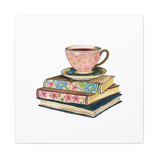 Wall Art | Pink Teacup on Floral Books Wall Art Print | Cozy Reading Nook Decor | Tea & Books Canvas Art | Cozy Floral Teacup Stacked on Vintage Books