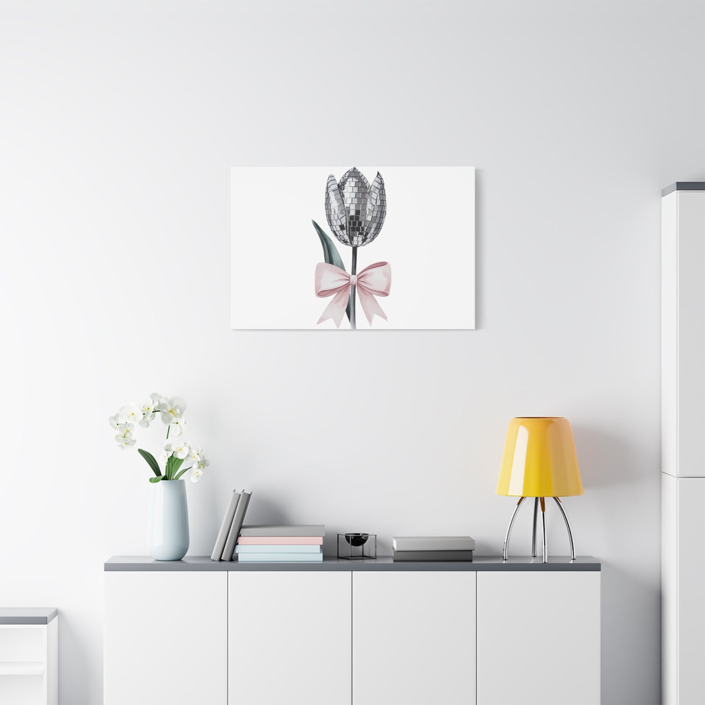 Silver Disco Tulip Wall Art Print with Pink Bow | Glam Floral Decor | Matte Canvas | Stretched |