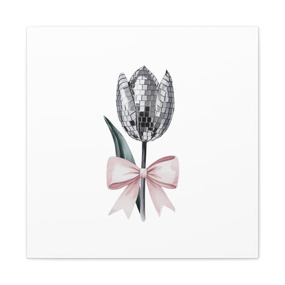 Silver Disco Tulip Wall Art Print with Pink Bow | Glam Floral Decor | Matte Canvas | Stretched |