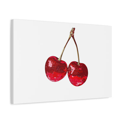 Red Glitter Disco Cherry Wall Art Print | Sparkly Pop Art Fruit Decor | Cherry Duo Matte Canvas Print | Minimal Fruit Wall Art