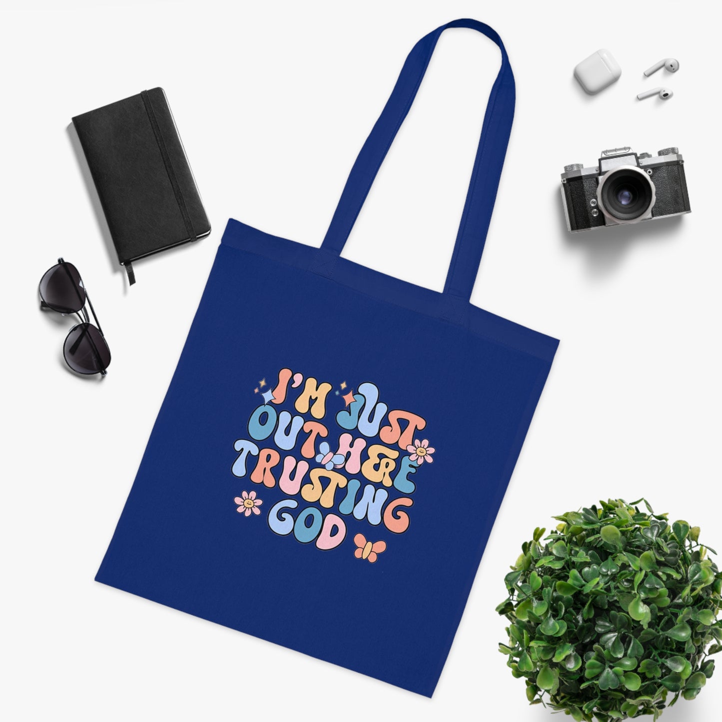 Trusting God Floral Tote | Retro Faith Cotton Tote Bag | Christian Faith Canvas Tote Bag for Men | Church & Everyday Use | I’m Just Out Here Trusting God Tote Bag