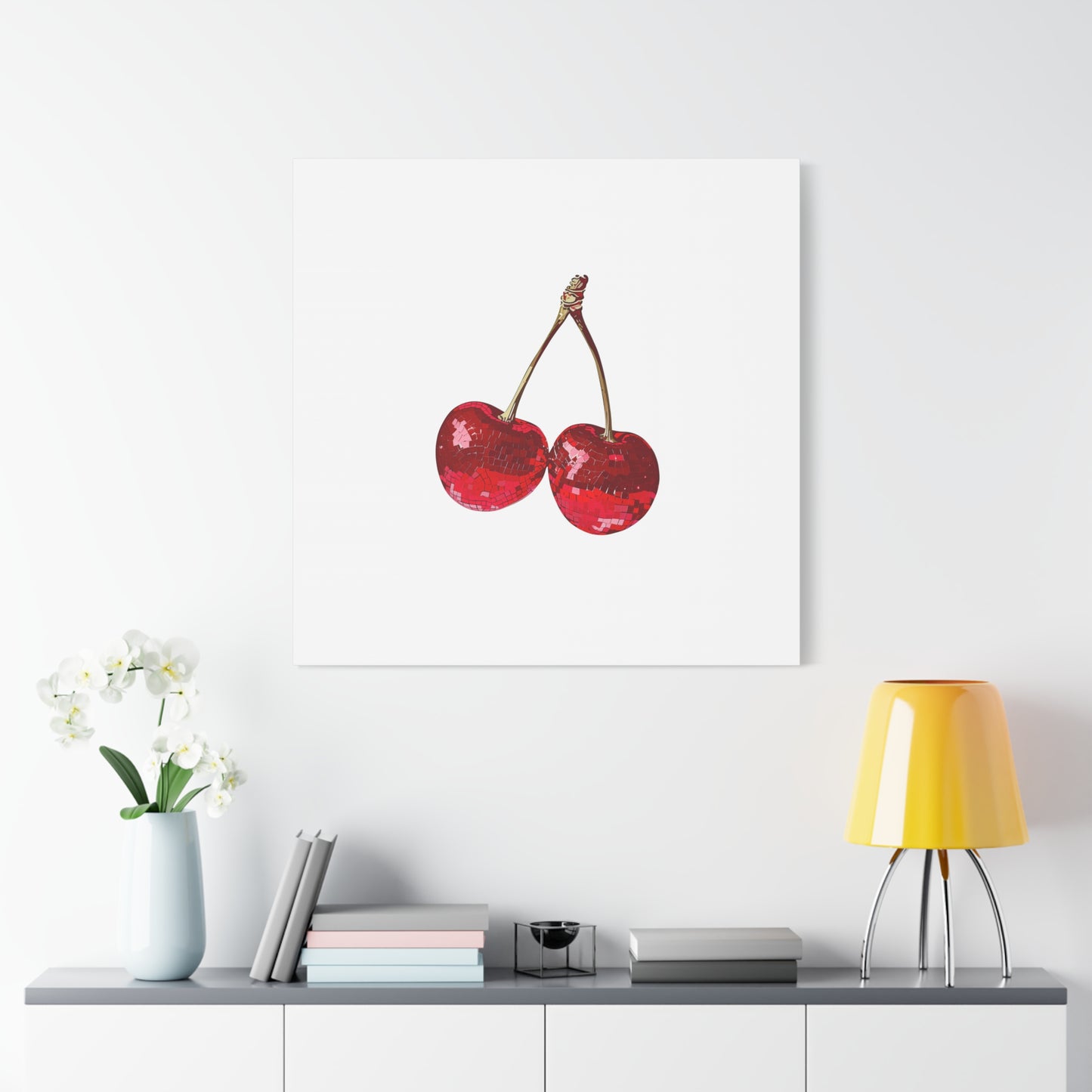 Red Glitter Disco Cherry Wall Art Print | Sparkly Pop Art Fruit Decor | Cherry Duo Matte Canvas Print | Minimal Fruit Wall Art