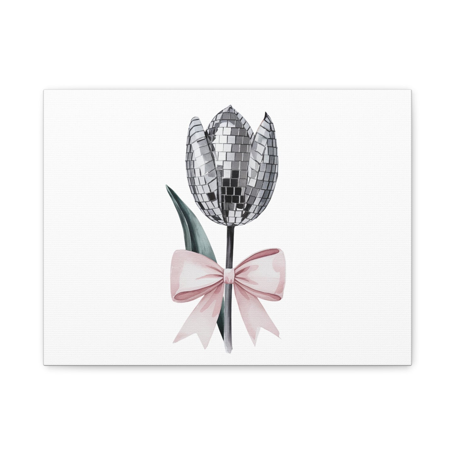 Silver Disco Tulip Wall Art Print with Pink Bow | Glam Floral Decor | Matte Canvas | Stretched |