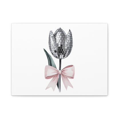 Silver Disco Tulip Wall Art Print with Pink Bow | Glam Floral Decor | Matte Canvas | Stretched |