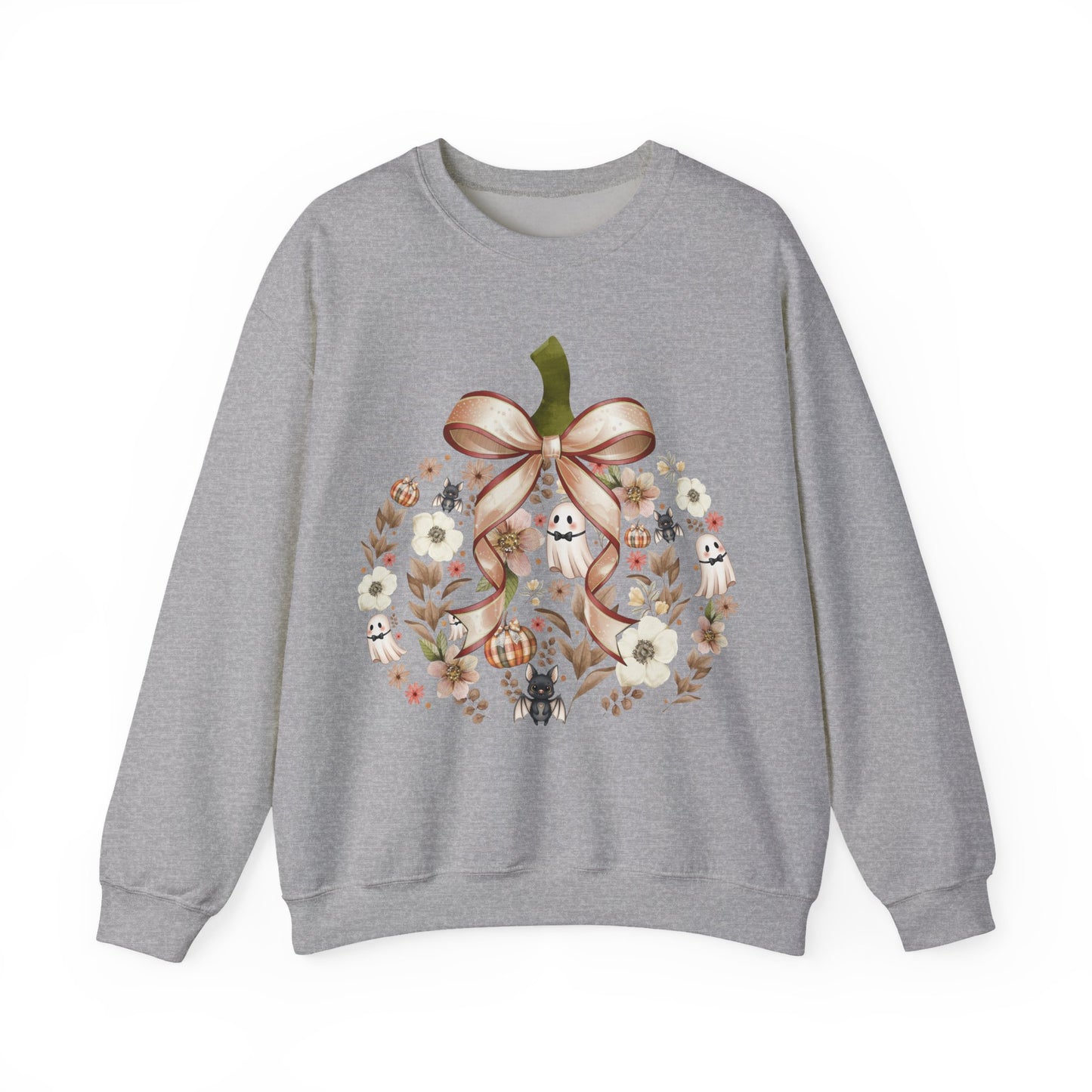 Cute Ghost Pumpkin Sweatshirt | Floral Halloween Crewneck | Spooky Pumpkin Bow Sweater | Fall Ghost Sweatshirt | Cozy Halloween Gift for Women | Crewneck Sweatshirt | Floral Pumpkin Wreath with Ribbon...