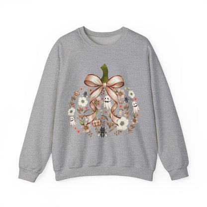 Cute Ghost Pumpkin Sweatshirt | Floral Halloween Crewneck | Spooky Pumpkin Bow Sweater | Fall Ghost Sweatshirt | Cozy Halloween Gift for Women | Crewneck Sweatshirt | Floral Pumpkin Wreath with Ribbon...