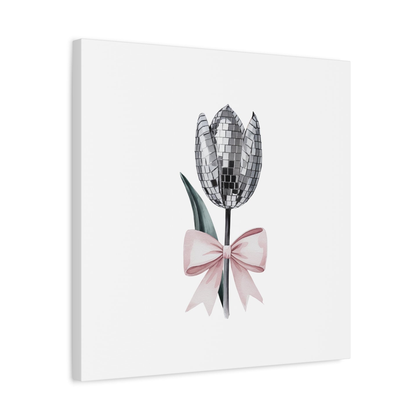 Silver Disco Tulip Wall Art Print with Pink Bow | Glam Floral Decor | Matte Canvas | Stretched |