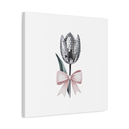 Silver Disco Tulip Wall Art Print with Pink Bow | Glam Floral Decor | Matte Canvas | Stretched |