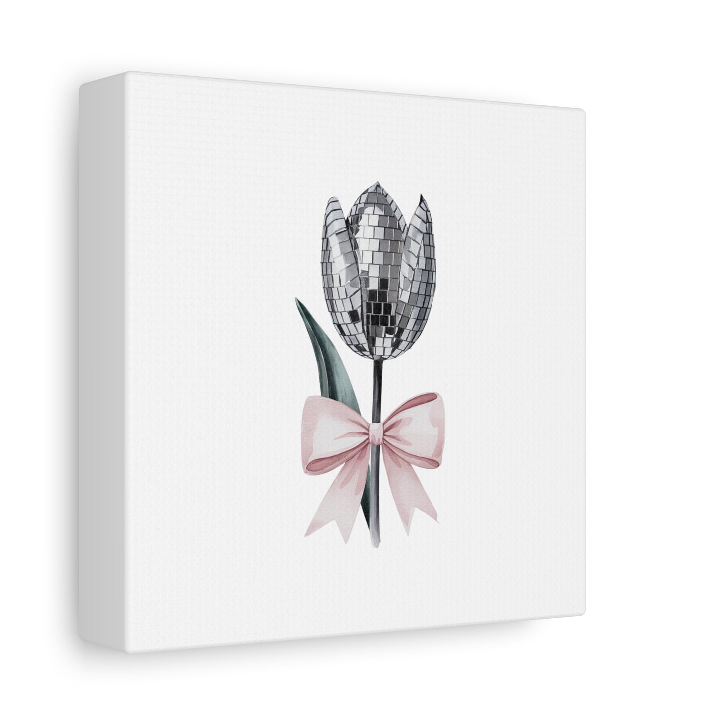 Silver Disco Tulip Wall Art Print with Pink Bow | Glam Floral Decor | Matte Canvas | Stretched |