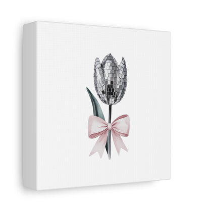 Silver Disco Tulip Wall Art Print with Pink Bow | Glam Floral Decor | Matte Canvas | Stretched |