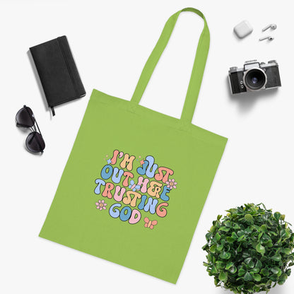 Trusting God Floral Tote | Retro Faith Cotton Tote Bag | Christian Faith Canvas Tote Bag for Men | Church & Everyday Use | I’m Just Out Here Trusting God Tote Bag