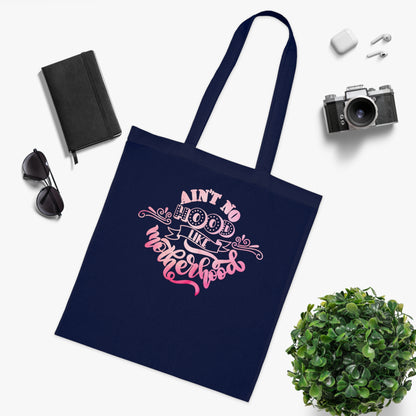 Stylish Canvas Tote for Moms | Everyday Carry & Gift Idea | Ain't No Hood Like Motherhood Cotton Tote | Pink Mom Tote Bag