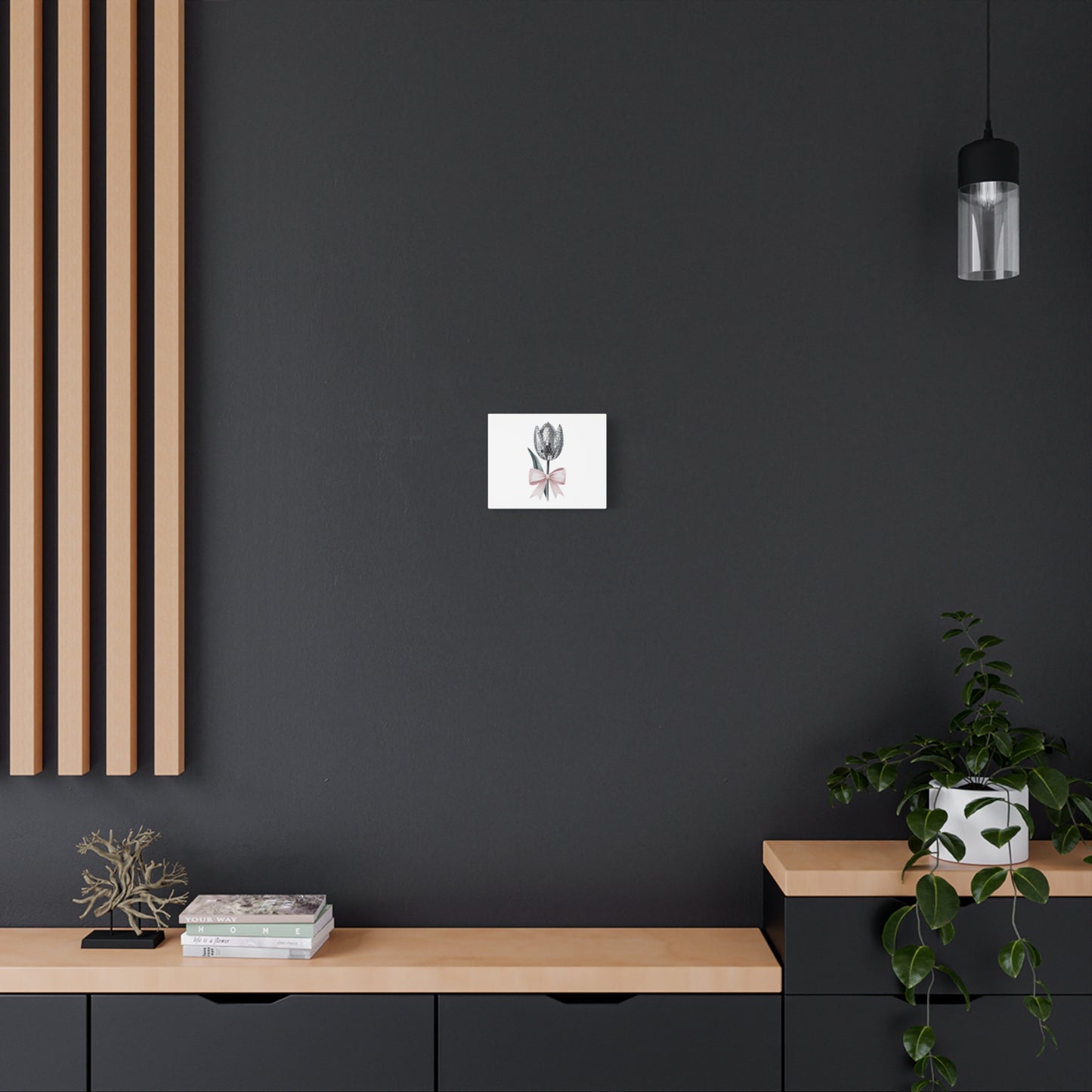Silver Disco Tulip Wall Art Print with Pink Bow | Glam Floral Decor | Matte Canvas | Stretched |