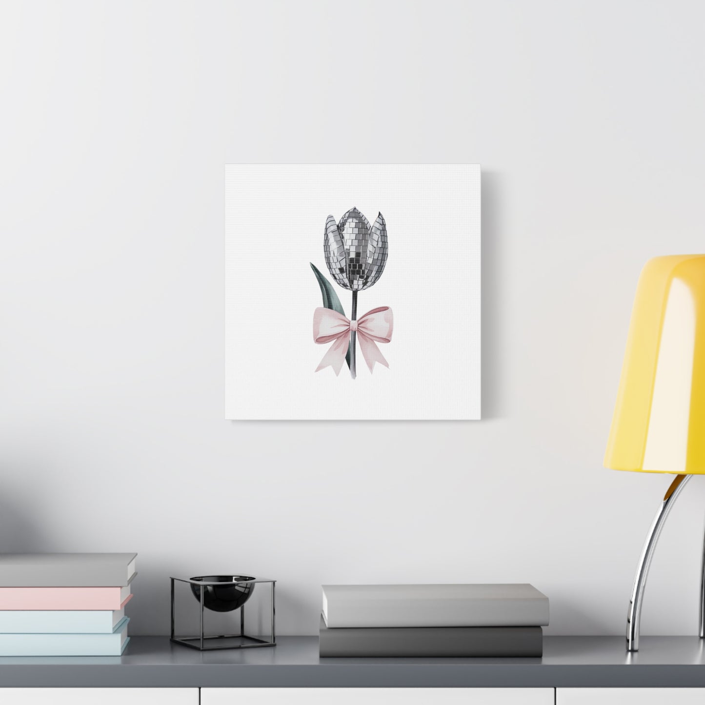 Silver Disco Tulip Wall Art Print with Pink Bow | Glam Floral Decor | Matte Canvas | Stretched |
