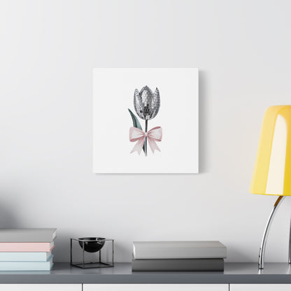 Silver Disco Tulip Wall Art Print with Pink Bow | Glam Floral Decor | Matte Canvas | Stretched |