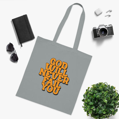 Faith Tote Bag | God Will Never Fail You | Inspirational Cotton Shopping Tote | Christian Faith Canvas Tote Bag for Church | Men | Everyday Use