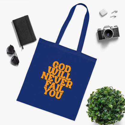 Faith Tote Bag | God Will Never Fail You | Inspirational Cotton Shopping Tote | Christian Faith Canvas Tote Bag for Church | Men | Everyday Use