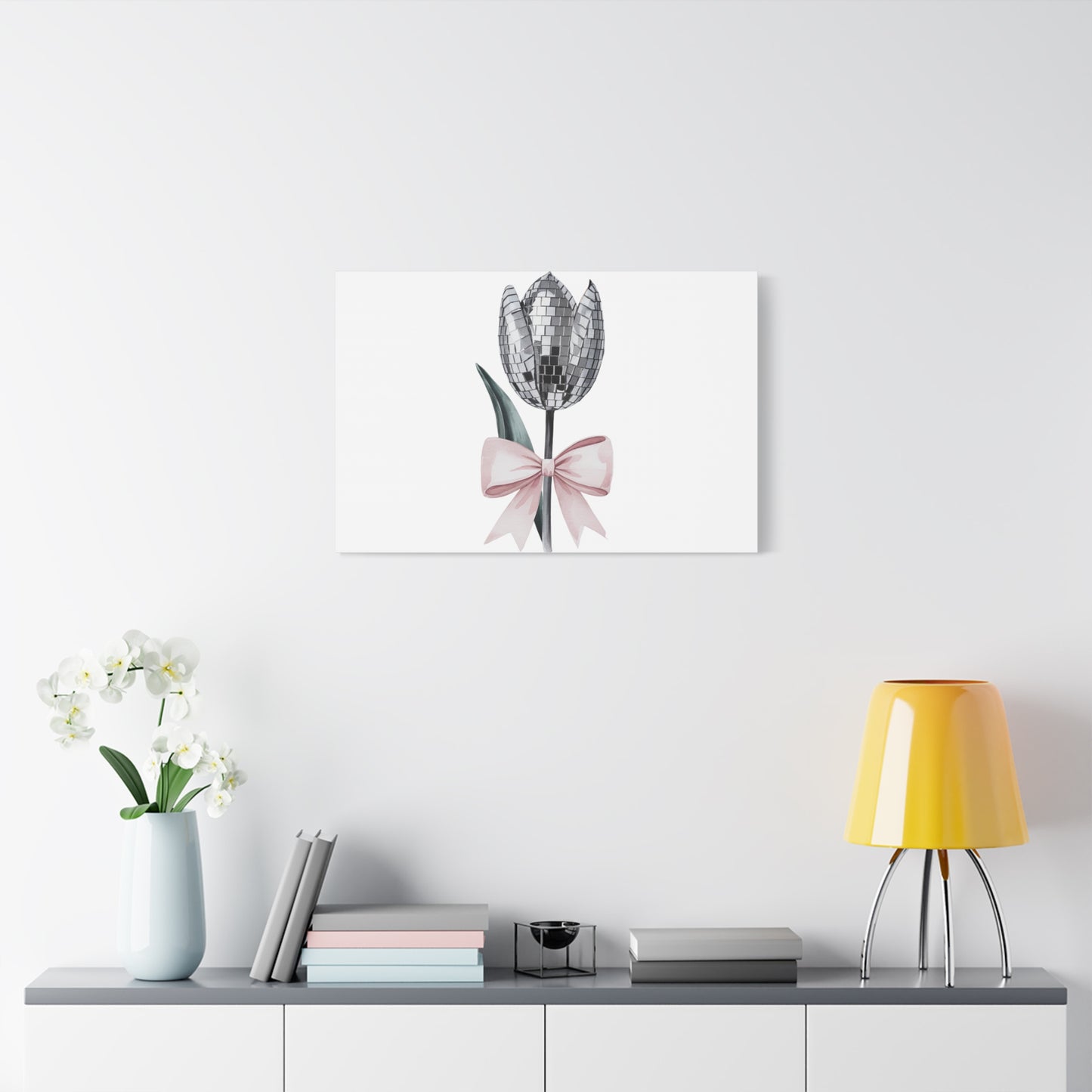 Silver Disco Tulip Wall Art Print with Pink Bow | Glam Floral Decor | Matte Canvas | Stretched |