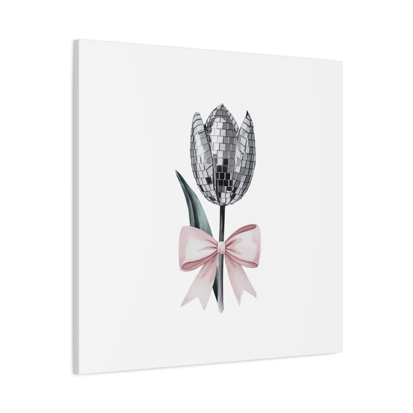 Silver Disco Tulip Wall Art Print with Pink Bow | Glam Floral Decor | Matte Canvas | Stretched |