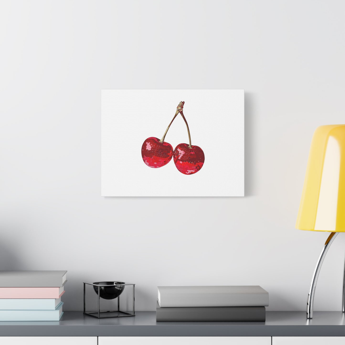 Red Glitter Disco Cherry Wall Art Print | Sparkly Pop Art Fruit Decor | Cherry Duo Matte Canvas Print | Minimal Fruit Wall Art