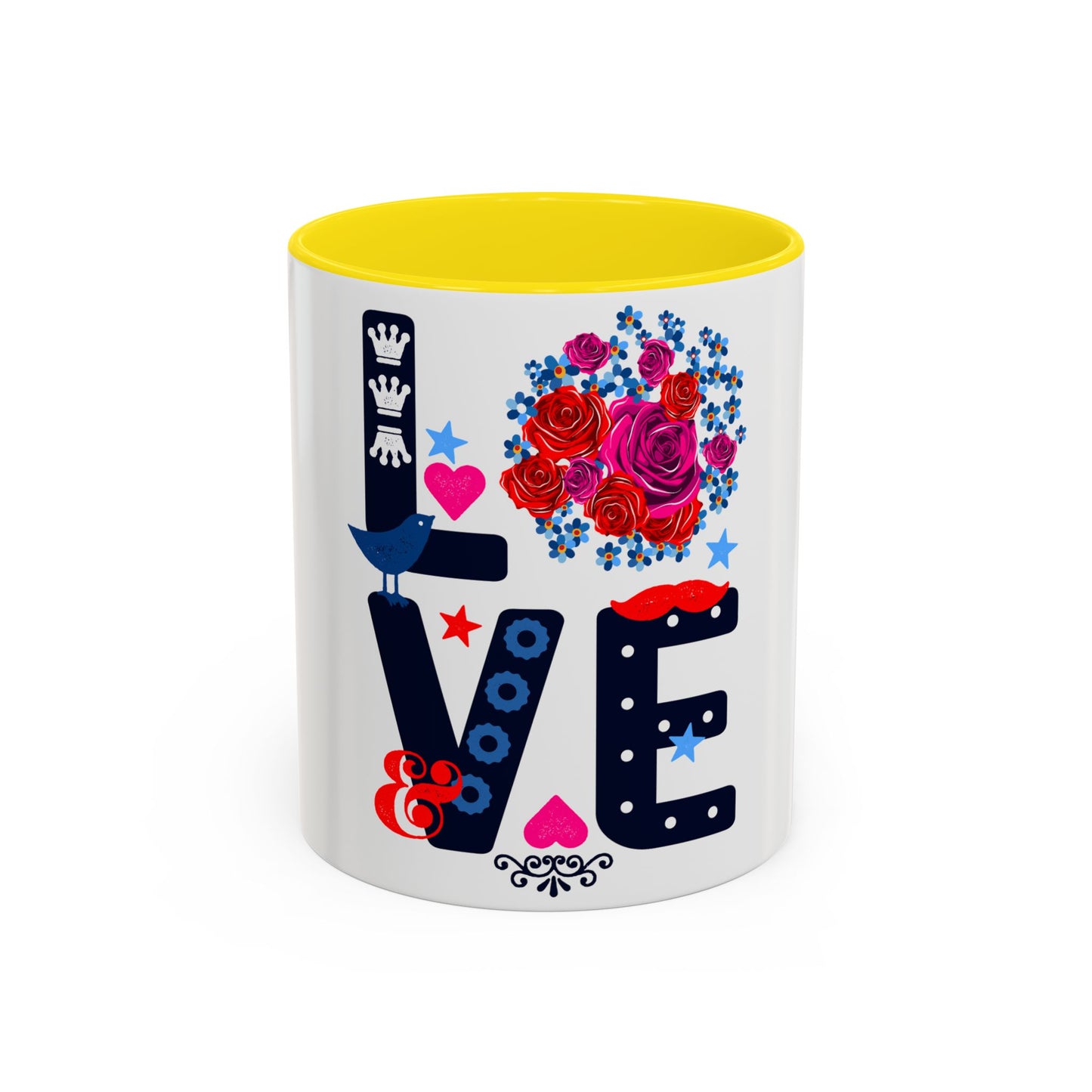 LOVE Floral Mug | Cute Aesthetic Coffee Cup with Heart | Rose Design | Gift for Her, Girlfriend, Wife | Stylish Ceramic Mug Accent Coffee Mug (11oz, 15oz)
