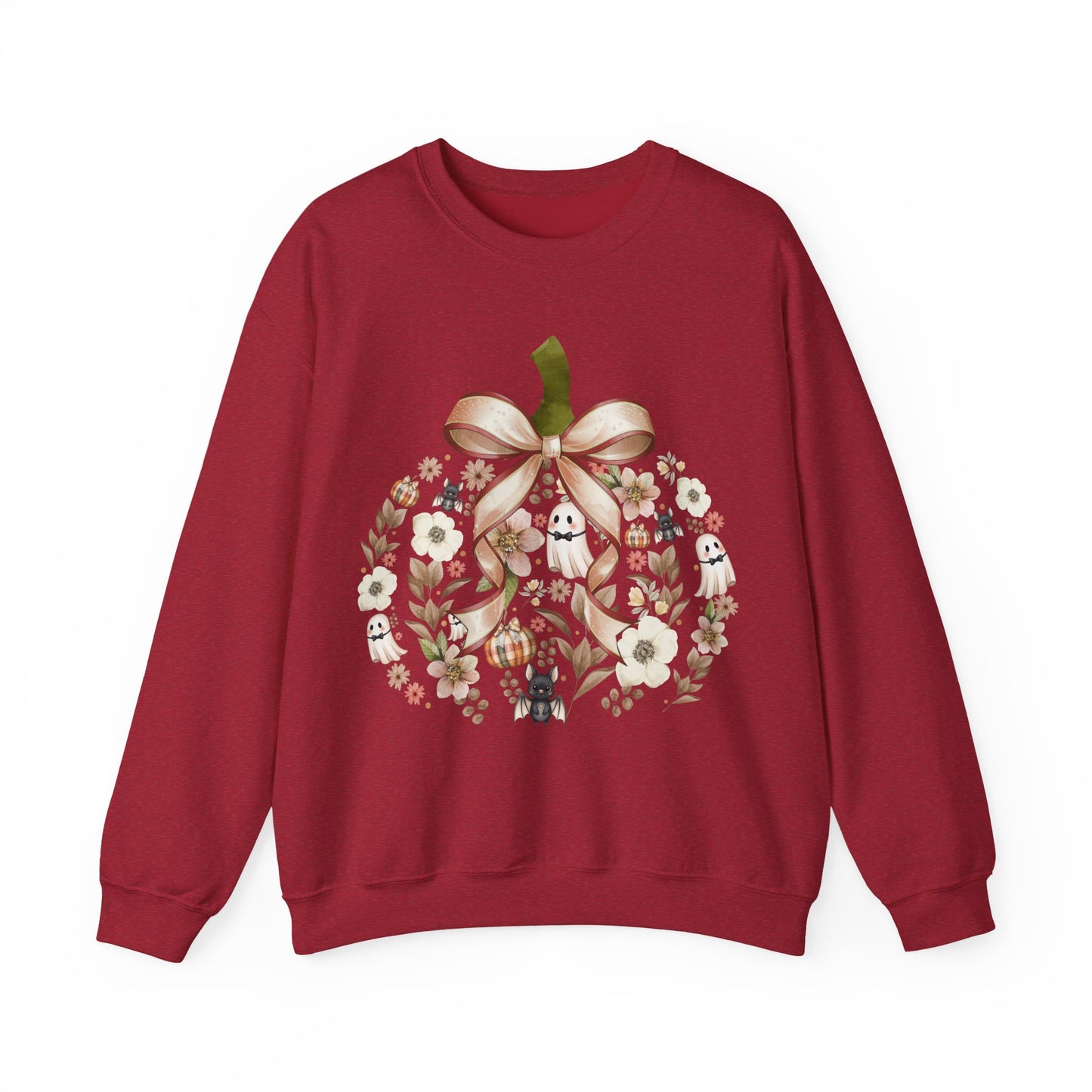 Cute Ghost Pumpkin Sweatshirt | Floral Halloween Crewneck | Spooky Pumpkin Bow Sweater | Fall Ghost Sweatshirt | Cozy Halloween Gift for Women | Crewneck Sweatshirt | Floral Pumpkin Wreath with Ribbon...