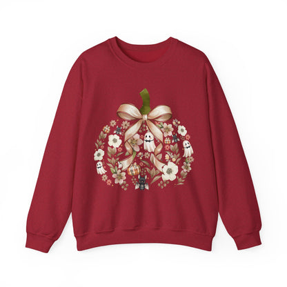 Cute Ghost Pumpkin Sweatshirt | Floral Halloween Crewneck | Spooky Pumpkin Bow Sweater | Fall Ghost Sweatshirt | Cozy Halloween Gift for Women | Crewneck Sweatshirt | Floral Pumpkin Wreath with Ribbon...